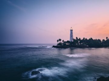 Illuminated lighthouse in the middle of palm trees. South coast of Sri Lanka at sunset.